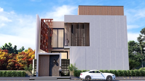 Contemporary façade with wood fins